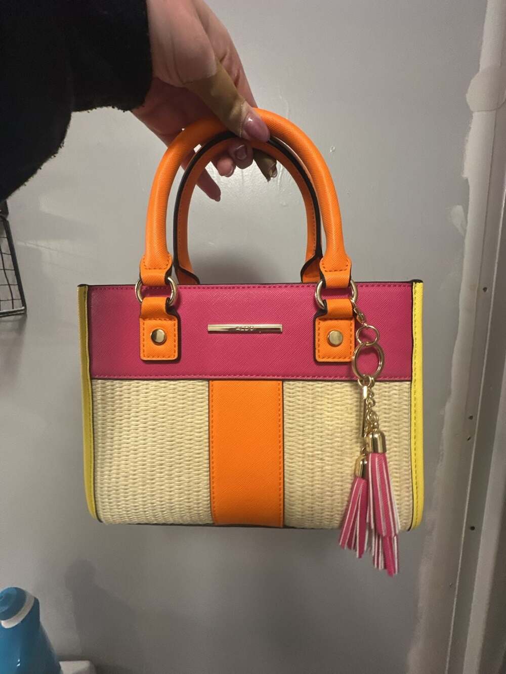 ALDO Multi-Colored Straw and Faux Leather Satchel with Tassel Keychain
